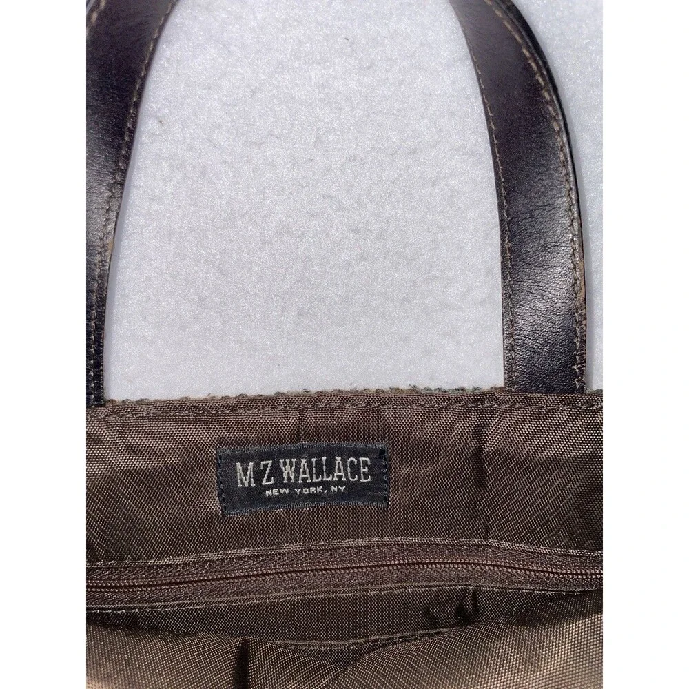 MZ Wallace Handbag TOTE Bag Purse Leather Tapestry Brown Green Tweed Preppy